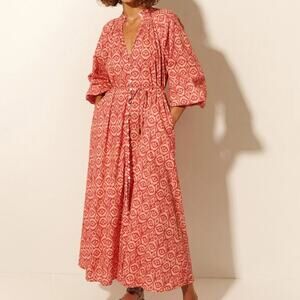 Kivari Zahara Maxi Dress Pink Red Geometric Linen Cotton Blend US 10 Boho Pocket